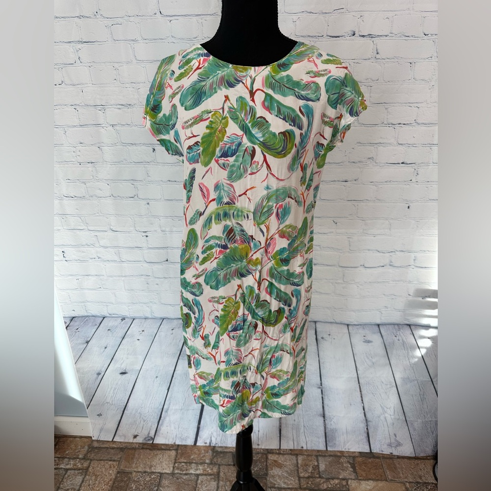 Cyrillus Paris Tropical Banana Leaf Print Shift Dress - Green/Pink Floral, 38
